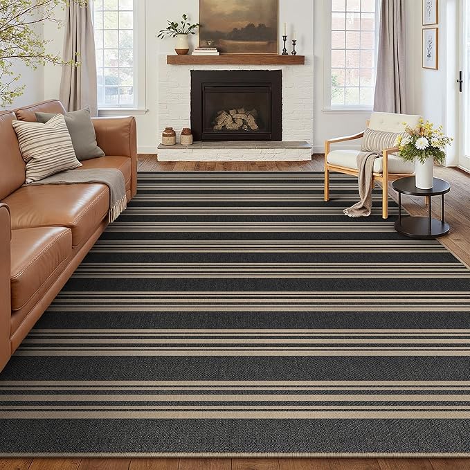 PureCozy Outdoor Rug 9x12 Washable Striped Jute Look Non Slip Carpet | Black and Tan Stripe Farmhouse Style, Indoor Outdoor Area Rug for Patio, Living Room, Dining Room, Non Shedding, Neutral Rugs