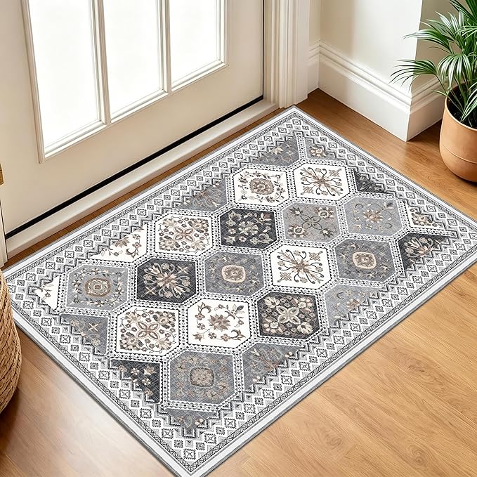 2x3 Washable Entryway Rugs, Non-Slip Boho Rug, Gray/Gold | Soft Moroccan Low-Pile Printed Indoor Throw Rugs for Entrance, Kitchen, Bedroom Bedside