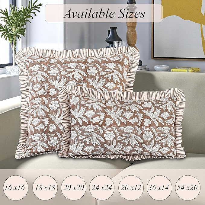 Ridhi Block Print Oak Brown Throw Pillow Cover 20" x 20" (Pack of 2) Decorative Cushion Covers with Ruffle for Couch, Sofa, Bed, Living Room, Home Decor Gift for Spring, Easter, Valentine