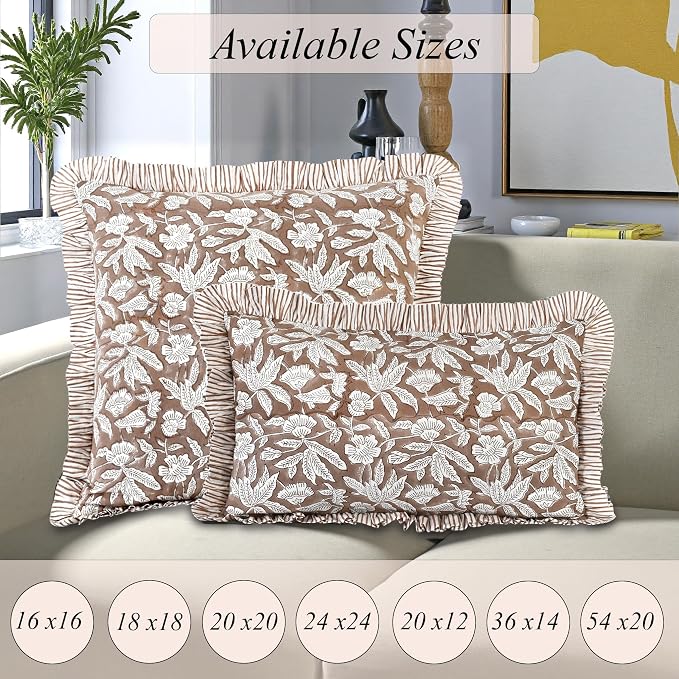 Ridhi Oak Brown Modern Farmhouse Pillow 16x16 Covers Block Print Cotton Throw Pillow Cover Set of 2 Cushion Covers with Ruffle for Couch Sofa Bed Living Room Decor Spring Easter