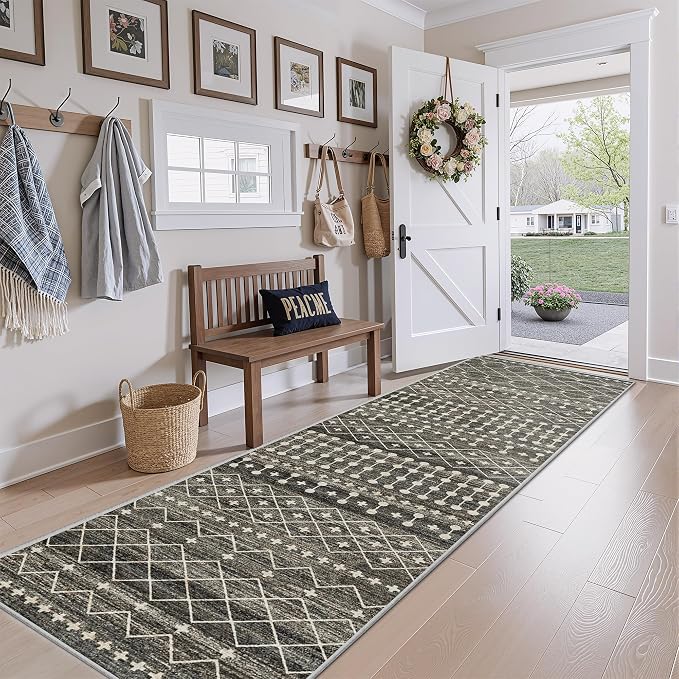 Miukiki 2x10 Runner Rug Moroccan Washable Hallway Runner Rug Non Slip Indoor Floor Kitchen Rug Foldable Carpet for Bathroom Laundry Room with Low Pile(Black,2'x10')