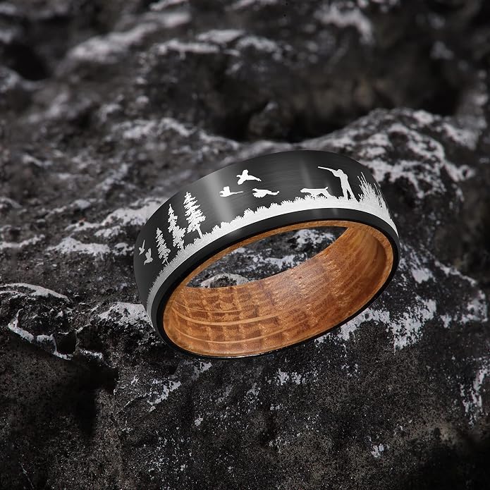Forest Rings for Men 8 mm Black Plated Wedding Band with Wood Liner Comfort Fit