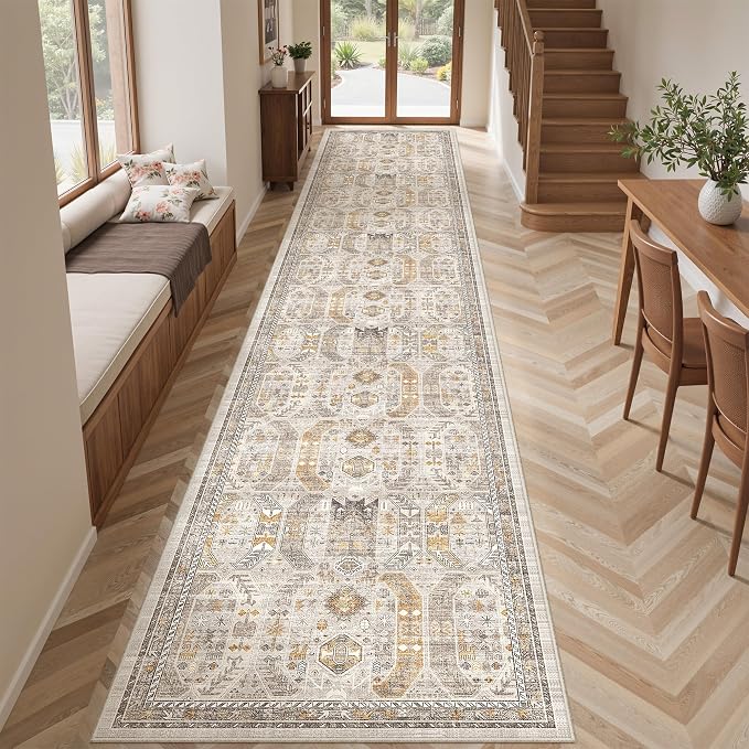 2'6" x 14'Non Slip Runner Rugs - Runners for hallways, Kitchen,Entryway,Stain Resistant Washable Rugs for Bedroom, Indoor Vintage Area Rugs (Brown/Gold, 2'6" x 14')
