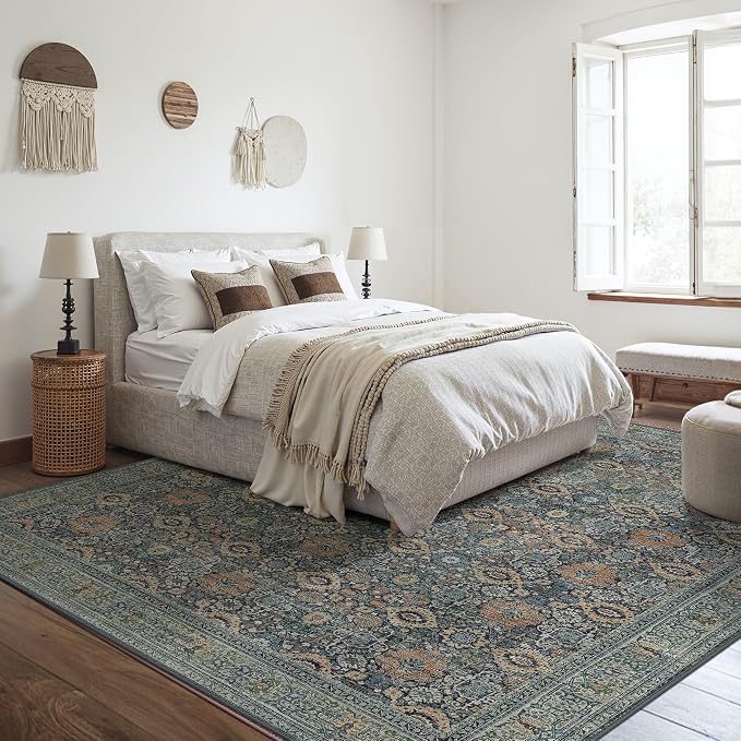 BESBLEE 10X14 Area Rugs Machine Washable Rugs for Living Room, Vintage Boho Large Rugs for Bedroom Dining Room, Non Slip Indoor Soft Distressed Lightweight Thin Low Pile Carpet, Beige Blue Grey