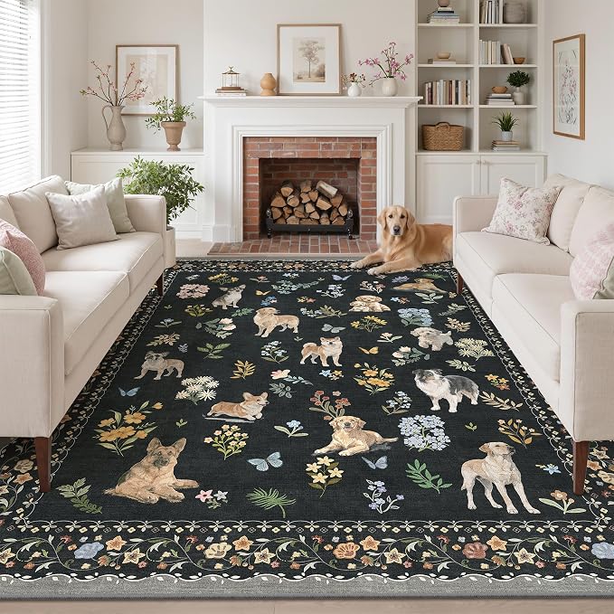 Soalmost Dog 8x10 Area Rugs for Living Room, Washable Animal Soft Rug Black | Floral Vintage Non-Slip Low Pile Cute Throw Large Rugs for Classroom Bedroom Dining Room Nursery Playroom 8' x 10'