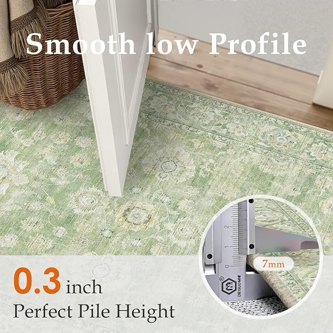 8x10 Green Washable Area Rug for Living Room Bedroom Neutral Floral Soft Non Slip Rug Low Pile Distressed Carpet for Dining Room Nursery Office Indoor