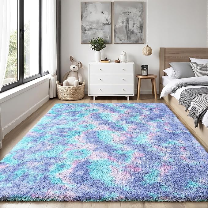Rainbow Fluffy Rugs for Girls Bedroom: 4x6 Large Shag High Pile Area Rug Upgrade Non-Slip Plush Fuzzy Living Room Rug Shaggy Soft Indoor Floor Carpet Nursery Rugs for Kids Baby Toddler Home Decor