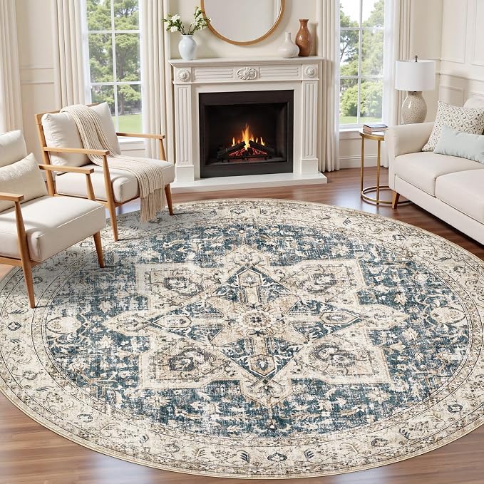 Tortania 10' Round Area Rug Living Room Rugs - Washable Boho Rug Vintage Oriental Distressed Farmhouse Large Thin Indoor Carpet for Bedroom Under Dining Table Home Office - Cream/Blue