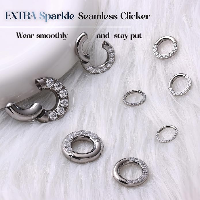 BodyBonita G23 Titanium 0G 2G 4G 6G 8G 10G 12G 14G CZ Septum Rings PA Nose Hoops Clicker Ear Weights for Stretched Ear Piercing Jewelry 10mm 12mm Silver/Gold/Black