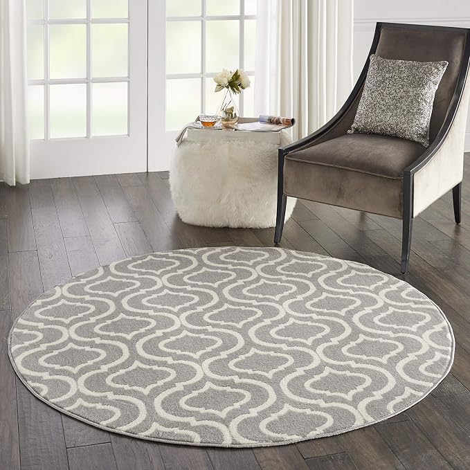 Nourison Home Jubilant Grey 5'3" x Round Area Rug - Easy Clean, Non Shedding, Bed Room, Living Room, Dining Room, Kitchen (5' x Round)