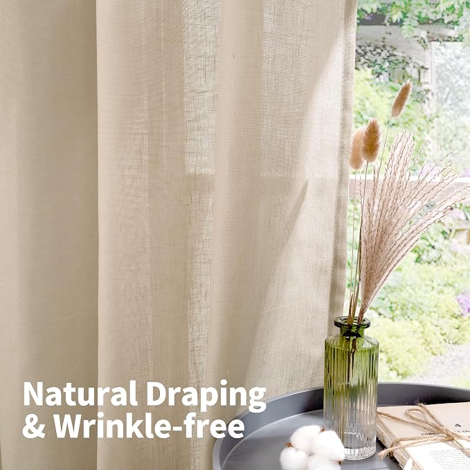 YoungsTex Tan Linen Semi Sheer Curtains 63 Inch Length for Living Room, Light Filtering Drapes with Grommet Lightweight for Bedroom Farmhouse, 2 Panels, 52 X 63 Inch