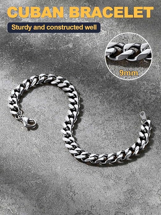 U7 Link Bracelets for Men, Cuban Link/Rope/Watch Band Solid Bracelet, Silver Black Gold Color Wrist Bracelet 3/6/9/12/15mm Width, 6.5/7.5/8.3 Inch Length, Hand Chain Jewelry for Mens Women