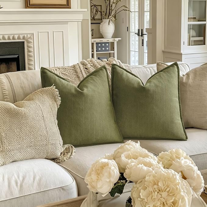 ZWJD Olive Green Pillow Covers 26x26 Set of 2 Chenille Throw Pillow Covers with Elegant Design Soft and Luxurious Decorative Throw Pillows for Couch, Bed, and Home Decor