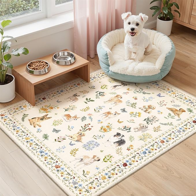 Soalmost 2x3 Dog Rugs for Entryway, Washable Door Mat Animal Soft Rug Beige | Floral Small Cute Area Rug Non-Slip Low Pile Throw Rugs for Entrance Kitchen Indoor Front Door Kids Room 2' x 3'