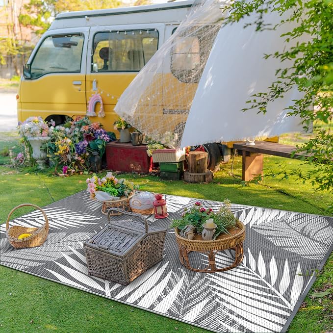GENIMO Outdoor Rug, Waterproof Plastic Rugs for Patio, 6'x9' Grey White | Outside Larger Leaf Carpet Mat for Porch Decor, Deck, Balcony, Camping, RV, Backyard, Picnic, Beach, Reversible, Foldable