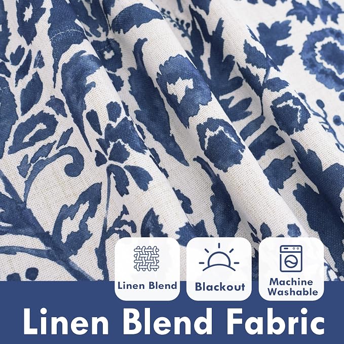 DriftAway Julia 100% Blackout Curtains Back Tab 2 Panels, W52xL96, Navy | Floral Curtains, Bedroom, Living Room, Linen Blend, Watercolor Pattern, 2 Layers, Thermal Insulated, Window Treatment
