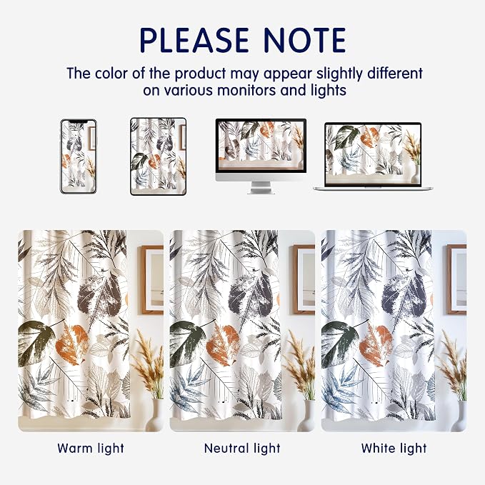 SUBRTEX Boho Leaf Printed Curtains 63 inch Long 2 Panels, Room Darkening Vibrant Floral Drapes, 50% Blackout Light Flitering Curtains, Semi Sheer Farmhouse Curtains for Living Room, 52Wx63L, Gray Leaf