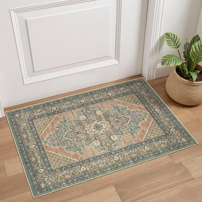 Tortania Area Rug 2x3 Doormat - Washable Vintage Oriental Farmhouse Soft Thin Indoor Carpet for Living Room Bedroom Hallway Entryway Kitchen - Sage Terracotta