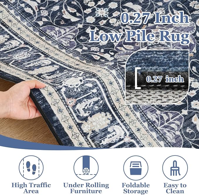 Boho Floral Moroccan Trellis Large Area Rugs 9x12 for Living room, Dark Blue Classic Transitional Style Room Carpet Rug for Bedroom Dining Room, Washable Rug with Rubber Back Low Pile Thin Soft
