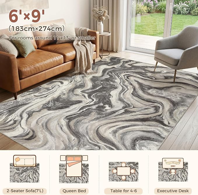 DMOYEST Living Room Area Rugs-6x9 Abstract Large Soft Indoor Washable Rug Neutral Modern Low Pile Carpet for Bedroom Dining Room Farmhouse Home Office-Ash Grey