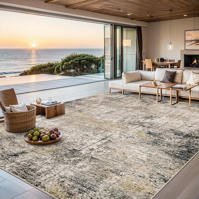 Area Rugs 9x12 Living Room - Washable Rug Modern Abstract Soft Large Neutral Non-Slip Carpet Indoor Floor Thin Carpets for Bedroom Dining Room Farmhouse Nursery Home Office Brown Black Grey