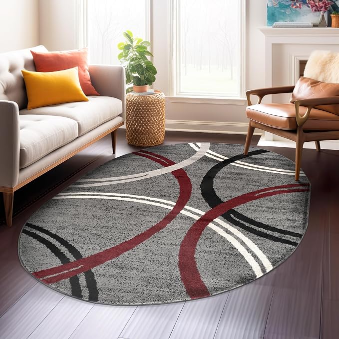 Rugshop Wavy Circles Modern Non-Shedding Living Room Oval Rug Red 5' x 7'