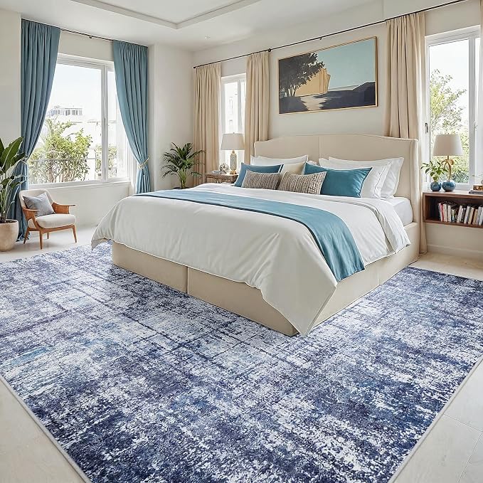 10x14 Area Rugs for Living Room Washable Rug: Anti-Skid Abstract Modern Living Room Rug Soft Thin Carpets Indoor Floor Non-Shedding Carpet for Bedroom Dining Farmhouse Nursery Navy Light Gray