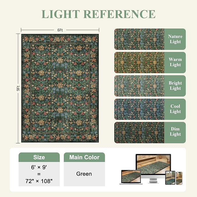 DUKINO 6x9 Area Rug, Vintage Floral Washable Rugs for Living Room, Green | Non Slip, Low Pile, Non-Shedding, Soft Indoor Large Carpet for Bedroom, Office, Dining Room, Farmhouse, Nursery, Home Decor