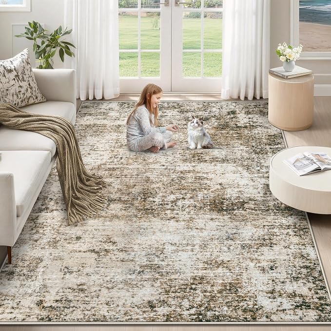 XLUEZ 5x7 Area Rugs for Living Room, Washable Modern Abstract Large Area Rug Neutral Soft Non Slip Kids Rug Stain Resistant Indoor Carpet for Bedroom Nursery Dining Room Playroom(Brown, 5'x7')