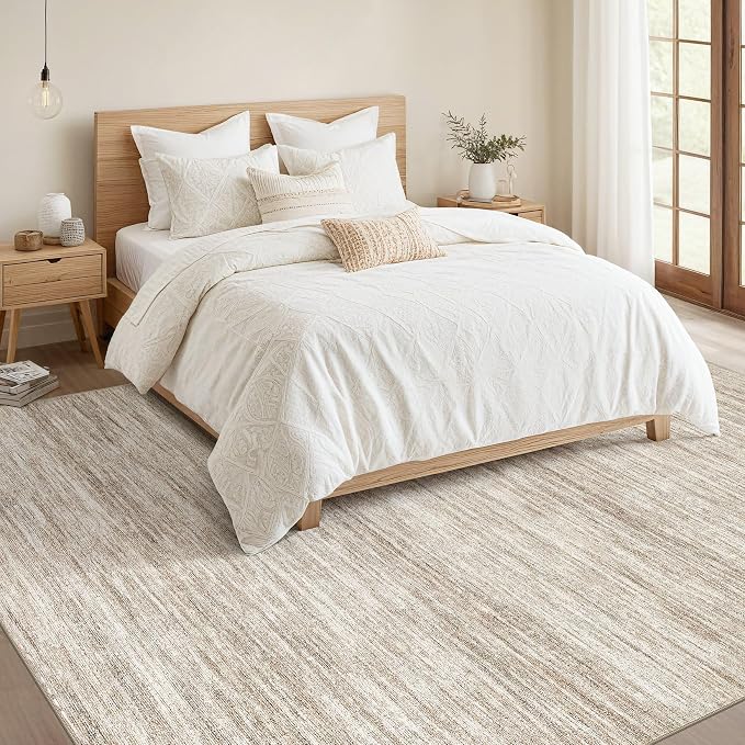 Nakagishi 9x12 Area Rugs Living Room: Washable Large Vintage Rug Neutral Non-Slip Soft Stain Resistant Indoor Carpet for Bedroom Nursery Dining Room Office Playroom - Brown-01
