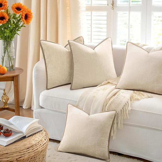 decorUhome Fall Soft Decorative Chenille Throw Pillow Covers 16x16 Set of 4 | Beige Cozy Decorative Modern Farmhouse Neutral Pillow Cases with Stitched Edge for Couch Sofa Bed Living Room Home Decor