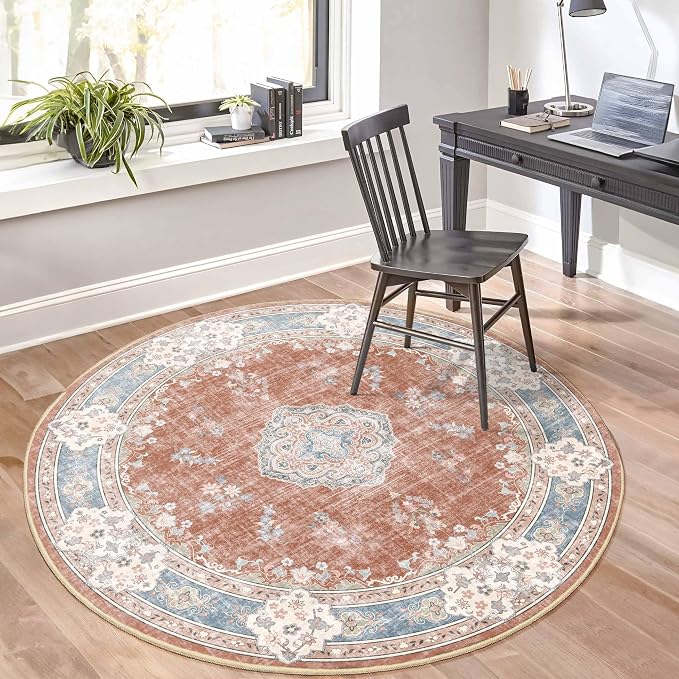 MUJOO Boho Round Rug 5ft,Circle Washable Area Rug Non Slip Low-Pile Floral | Circular Rugs for Bedroom Living Room Dining Room Bathroom Large Throw Carpet Soft Indoor Vintage Flowers Orange Navy Blue