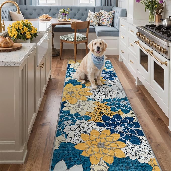 GENIMO 2.5x8 Outdoor Runner Rug, Washable for Patio, Blue | Floral design for balcony; fade resistant chenille and quick-dry non-slip backing for indoor hallway kitchen