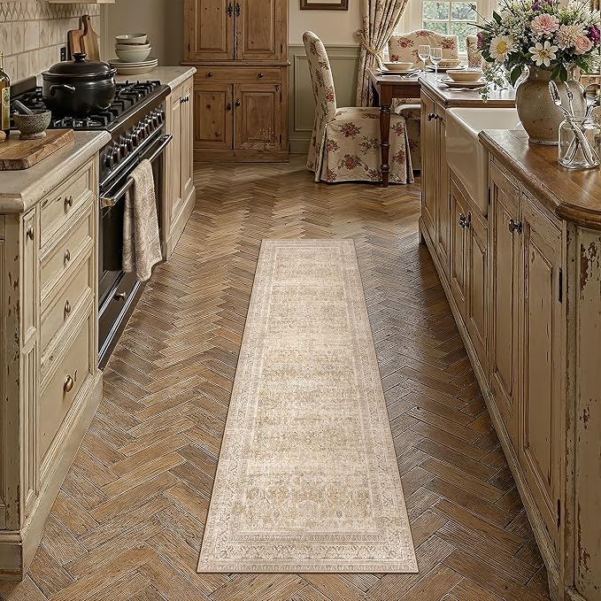 2x8 Beige Neutral Retro Runner Rug | Washable, Low Pile, Floral, Soft, Non Slip, Carpet for Kitchen Hallway Bathroom Bedroom Nursery Office Indoor Home Decor