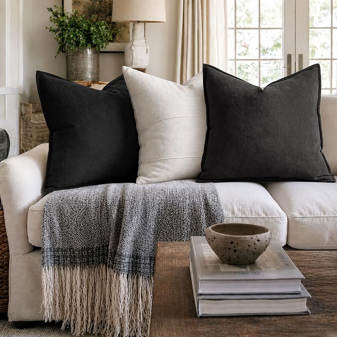 ZWJD Black Pillow Covers 20x20 Set of 2 Chenille Throw Pillow Covers with Elegant Design Soft and Luxurious Decorative Throw Pillows for Couch, Bed, and Home Decor