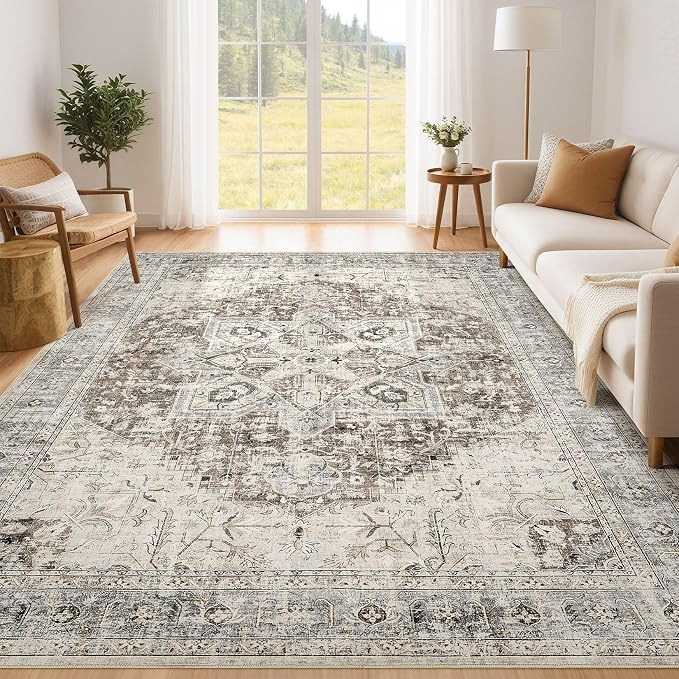 Tortania Area Rug Living Room Rugs - 6x9 Washable Boho Rug Vintage Oriental Distressed Farmhouse Large Thin Indoor Carpet for Living Room Bedroom Under Dining Table Home Office - Brown Blue
