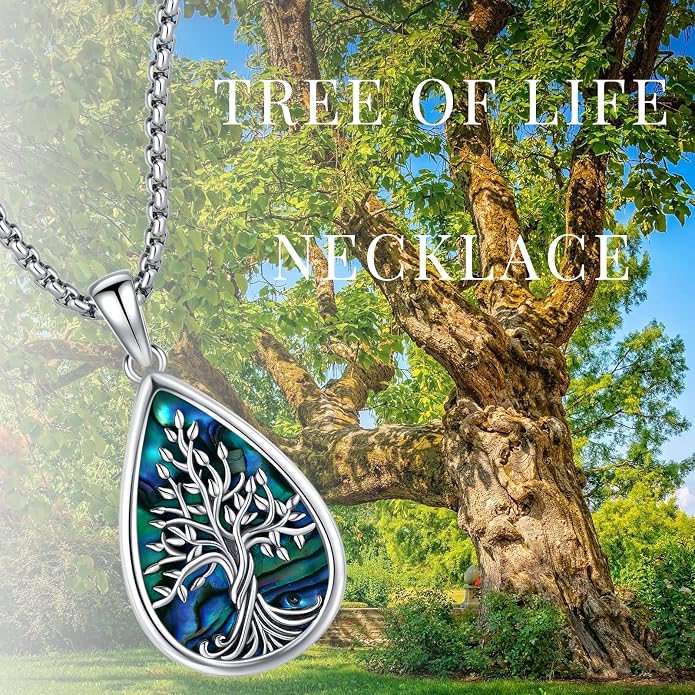 Jewelry Gifts - Tree of Life Necklace Sterling Silver Abalone Shell/Opal/Moonstone/Black Onyx/Turquoise/Malachite/Crystal Family Tree of Life Jewelry for Women Men
