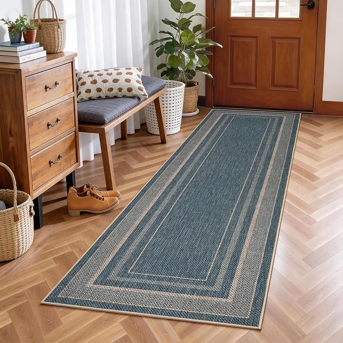 GarveeHome 2x6 Runner Rug for Hallway Modern Solid Washable Kitchen Rugs | Non Slip Modern Neutral Bordered Stain Resistant Indoor Throw Carpet for Nursery Kitchen Dining Room Entryway, Blue