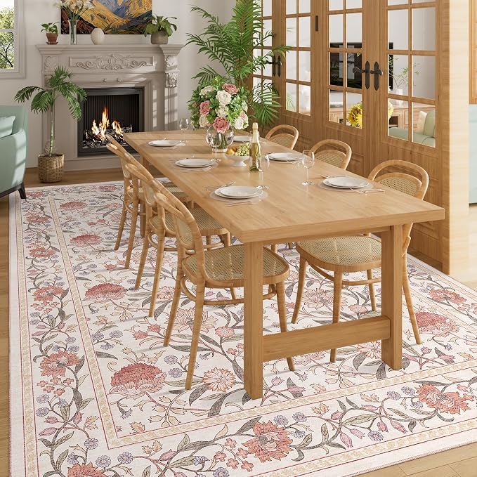 DUKINO 9x12 Area Rug for Living Room Vintage Floral Washable Rug Beige Pink | Non Slip, Low Pile, Non-Shedding, Stain Resistant, Aesthetic Soft Indoor Large Carpet for Bedroom Dining Room Farmhouse
