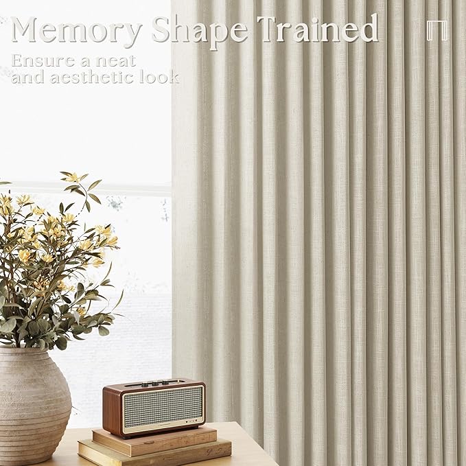 Pinch Pleat Extra Wide Beige Linen Curtain 102 Inches Long 70 Wide 1 Panel | for Patio Sliding Door Living Room, Pinch Pleat with Hooks Rings, Room Divider, Light Filtering Semi Sheer Privacy W70xL102