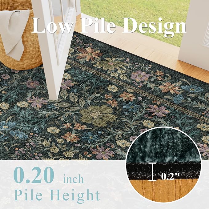 DUKINO 2x4 Rug, Washable Vintage Floral Bathroom Runner Rug, Blue | Non Slip, Low Pile, Stain Resistant, Aesthetic Lightweight Soft Indoor Carpet for Kitchen Entryway Hallway Bathroom Bedroom