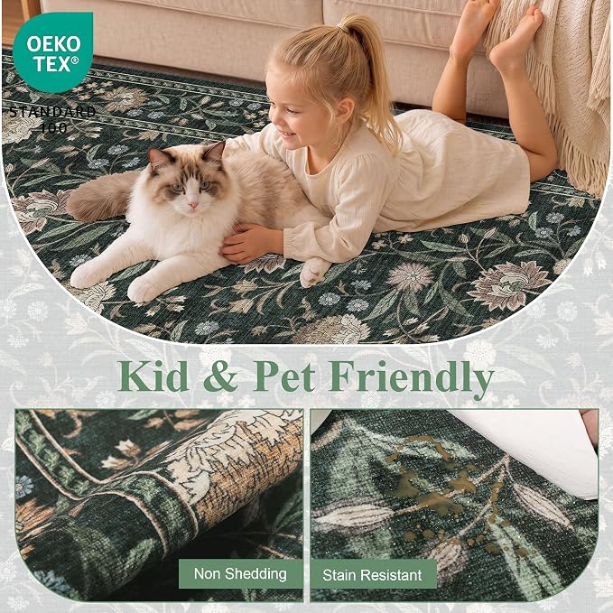 DUKINO 2.6x8 Runner Rug, Washable Vintage Floral Kitchen Runners Dark Green | Non Slip, Low Pile, Non-Shedding Soft Carpet for Hallway Bathroom Laundry Entryway Bedroom Farmhouse, Kids and Pets Friendly
