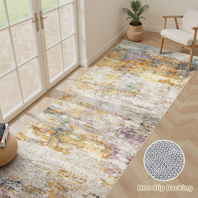 Runner Rug Kitchen Washable Rugs: 3x10 Non-Slip Abstract Soft Modern Stain Resistant Indoor Floor Neutral Accent Throw Carpet for Hallway Bathroom Laundry Room Entryway Bedroom- Gold Colorful