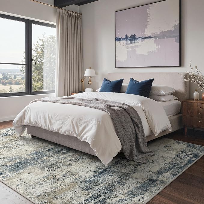 GENIMO Abstract Area Rug 6x9, Washable Large Modern Rug Non Slip, Low Pile Lightweight Soft Carpet for Living Room, Bedroom, Dining Room, Navy Blue