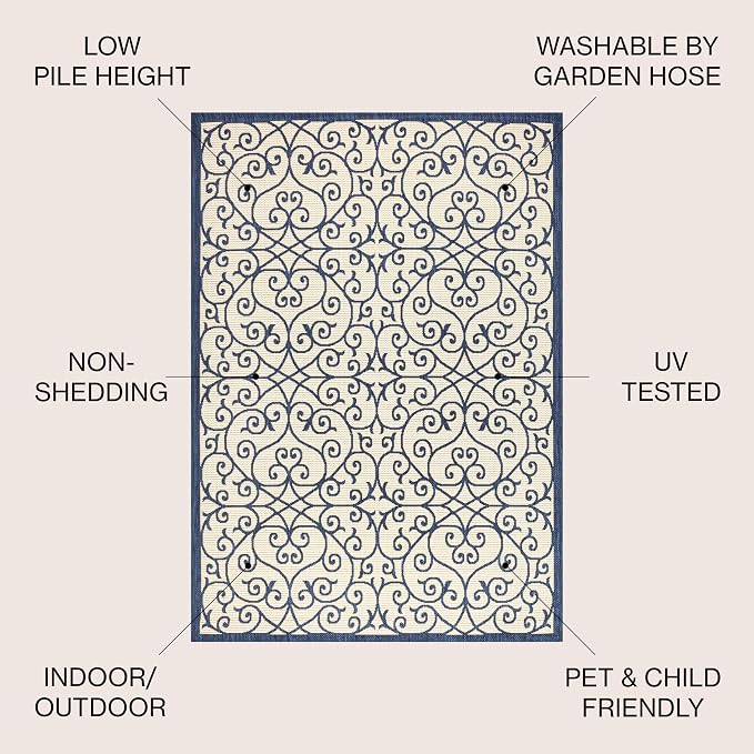 JONATHAN Y Vintage Filigree Indoor Outdoor Area Rug 4X6 Navy/Beige, Madrid Textured Weave for Backyard, Patio, Porch, Easy-Cleaning, High Traffic, Pet-Friendly, Non-Shedding (SMB107G-4)