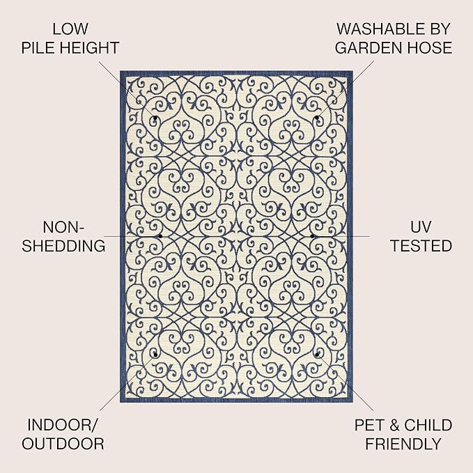 JONATHAN Y Vintage Filigree Indoor Outdoor Area Rug 3X5 Navy/Beige, Madrid Textured Weave for Backyard, Patio, Porch, Easy-Cleaning, High Traffic, Pet-Friendly, Non-Shedding (SMB107G-3)