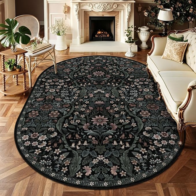 5×7 Oval Rugs Black Washable Floral Rug,Vintage Boho Soft Low-Pile Living Room Rugs, Stain Resistant Botanical Print Non-Slip Carpet for Bedroom,Dining Room, Kids Nursery,Home Decor