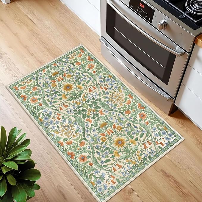 Floral 2x3 Entryway Rug,Washable Front Door Mat Indoor Non Slip Low Pile Small Carpet, Soft Grass Green Boho Botanical Throw Rug for Bathroom Bedroom Kitchen Laundry Indoor Entrance