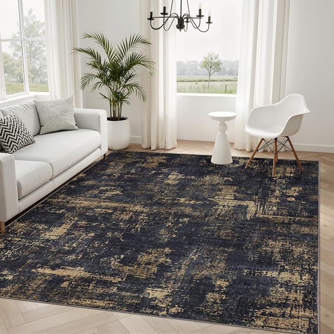 Sasttie 6x9 Soft Area Rug for Living Room, Modern Abstract Washable Carpet for Bedroom, with Non-Slip Backing, Black and Gold