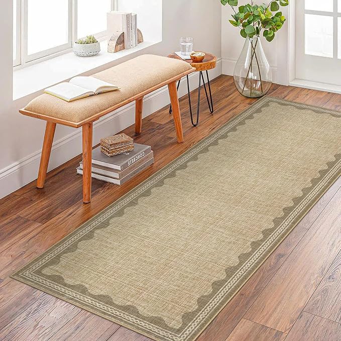 2.5x8 Scalloped Runners Jute Washable Hallways Bedroom Rug | Solid Non Slip Scalloped Bath Runner, Rugs for Bedroom Girls, Rugs for Kitchen Floor Soft Dorm Nursery Carpet for Bedside